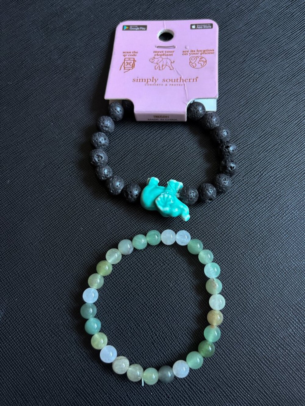 2 Beaded Stretchy Bracelets - 9 mm Elephant Lava Stone & 7 mm Green Crystal*